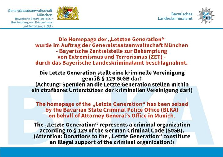 Hinweis des LKA Bayern auf der Startseite der Letzten Generation