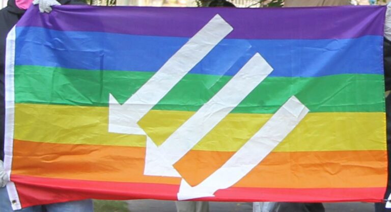 Protestierende halten eine Regenbogenflagge mit drei nach links unten gerichteten Pfeilen.
