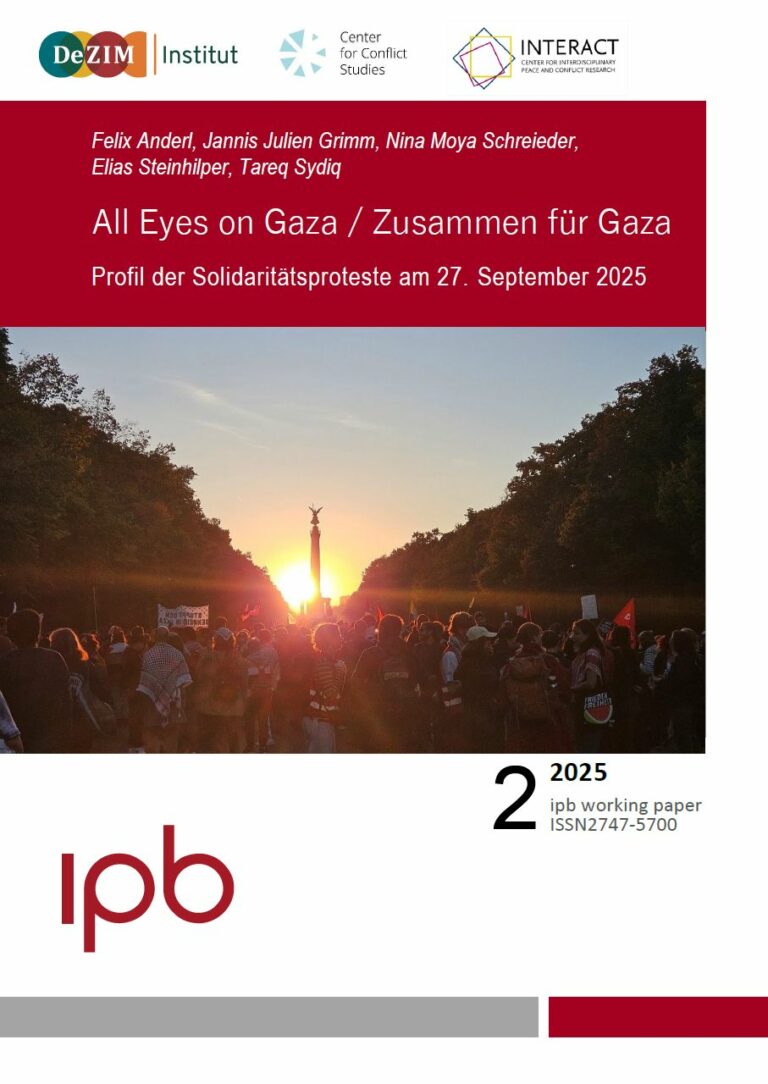 Titel des ipb working papers 2/2025 "All Eyes on Gaza / Zusammen für Gaza Profil der Solidaritätsproteste am 27. September 2025". Das Titelbild zeigt einen Demonstrationszug im Gegenlicht des Sonnenuntergangs hinter der Berliner Siegessäule.